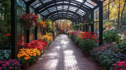 Colorful chrysanthemum flowers line a glass-roofed walkway in an autumn garden.