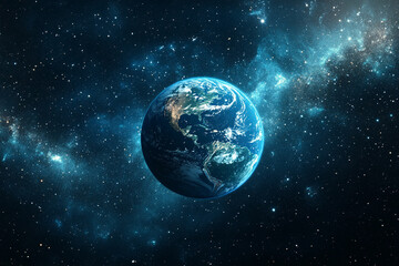Obraz premium Stunning blue planet earth in space with starry galaxy background dark stars night world globe photo