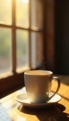 Fototapeta premium Single coffee cup, sunlight, simple background , warm, minimal