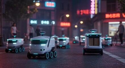 Small robots are delivering goods on a lively street filled with bright neon signs and people