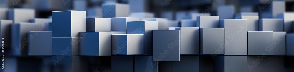 Poster grey and blue, multisized cubes neatly aligned to create a contemporary tech background. 3d render.