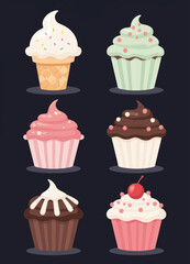 Assorted Pixel Art Cupcakes on Dark Background
