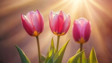 Fototapeta premium Three Pink Tulips Basking in Golden Sunlight