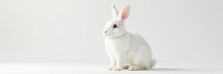 Obraz premium Snow-white bunny sits against seamless white backdrop, wildlife, white