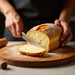 Hands cutting artisan bread loaf on wooden board, close-up shot, texture, board