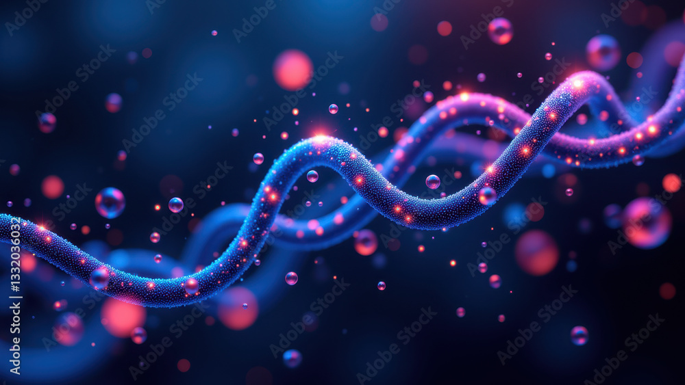Poster an artistic representation of a dna double helix with glowing atoms and particles.