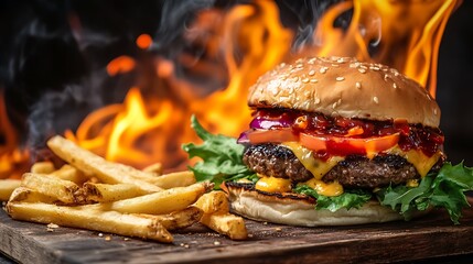 a burger with fries and a fire in the background