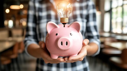 Obraz premium Person holding pink piggy bank with a lit light bulb on top