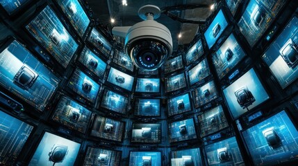 CCTV security system control room with many monitors displaying live feeds from surveillance cameras.
