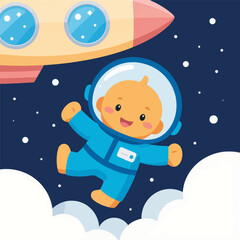 Fototapeta premium Cartoon baby astronaut with rocket in space illustration