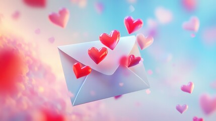 A vibrant envelope with floating red hearts, symbolizing love and affection in a whimsical, soft-focused background.