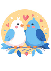 Cartoon bird pair with hearts, on a branch