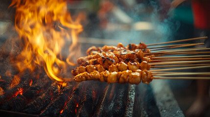 Delicious grilled chicken satay on wooden skewers flaming grill bbq hot food fire meat flame lunch