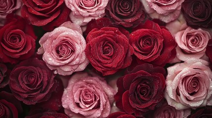 Fototapeta premium A stunning arrangement of red and pink roses covered in droplets, creating a vibrant and romantic atmosphere.