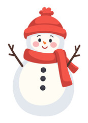 Fototapeta premium Cartoon snowman with red hat and scarf
