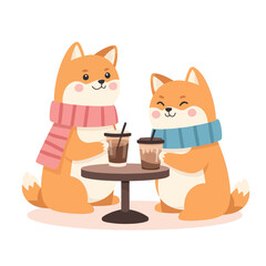 Cartoon Shiba Dogs with Scarves Drinking Coffee