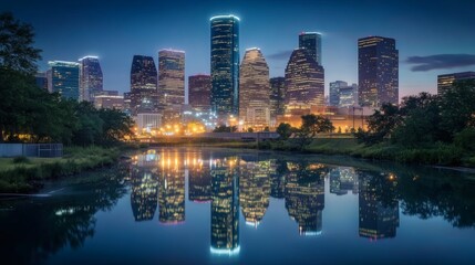 Obraz premium A beautiful skyline of a city reflected on calm water