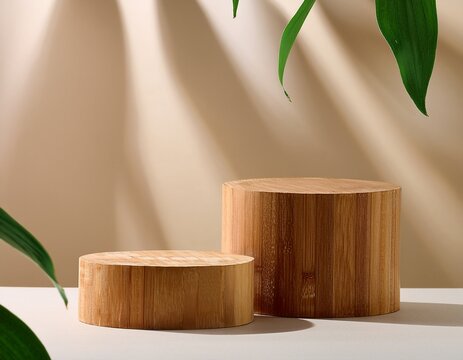 Minimal display concept . Natural wooden and empty podiums on neutral background. Generated image