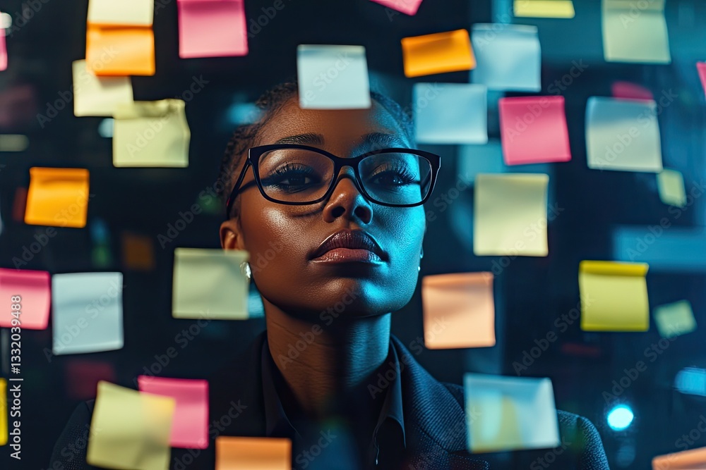 Poster a focused individual wearing glasses stands behind a colorful array of sticky notes, symbolizing cre