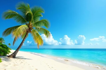 Sandy tropical beach with a single coconut palm tree under clear blue sky, palm tree, beach