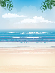 Serene Tropical Beach Vacation: Sandy Shoreline with Rolling Waves and Palm Leaves