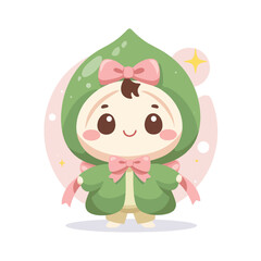 Fototapeta premium Chibi Character with Green Hood and Pink Bows