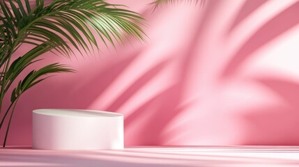 Abstract background for showcasing cosmetic product with tropical palm leaf shadow on pink wall and white podium. Display banner.