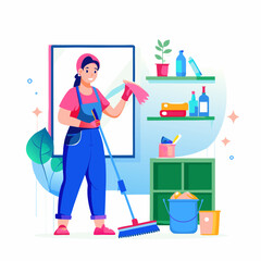 Fototapeta premium A person cleaning the house. Cartoon vector illustration on white background.