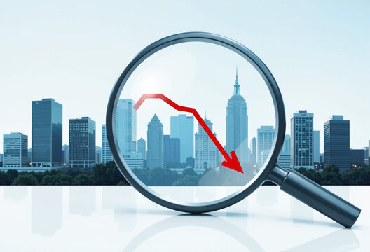 Magnifying glass revealing a downward trending arrow against a city skyline.  Illustrates economic downturn or market crisis.