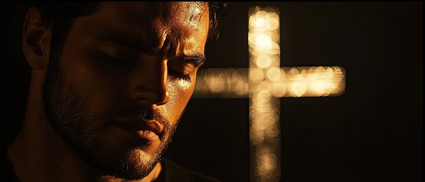 A contemplative man stands in dim light, with a cross illuminated behind him, conveying themes of reflection and spirituality.