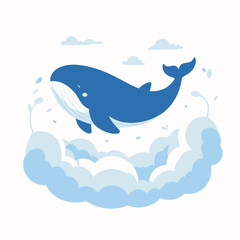Obraz premium Cute blue whale swims amidst pastel clouds and plants
