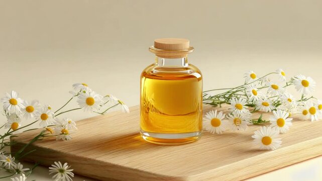 A glass bottle of essential oil surrounded by daisies on a wooden surface in a soft-lit setting