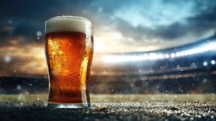 Beer glass with foam on sports field at stadium, evening sky with flashlights. Sport, festival, competition alcohol concept. Advertising space available.
