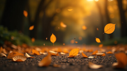 Falling autumn leaves on a path at sunset. Golden hour photography.