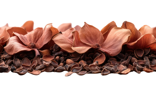 Dried Blooms & Cocoa Nibs: A close-up shot showcases a collection of dried flowers and cocoa nibs, creating a unique textural and tonal composition