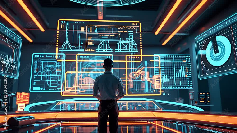Poster futuristic control center with holographic interface and digital screens displaying data, analytics,