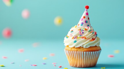 Birthday card featuring cupcake and party hat on pale blue backdrop