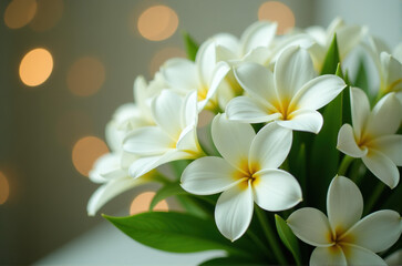 Fototapeta premium Closeup of a bouquet of white plumeria flowers, soft focus and bokeh background. Perfect for wedding invitations, spa promotions or other peaceful imagery.