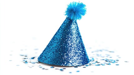 Blue glitter party hat with pompon on white background.