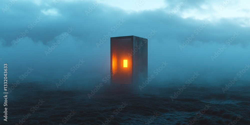 Poster illuminated rectangular structure in foggy landscape