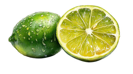 Juicy Citrus Duo: Vibrant green limes, one whole and the other halved, glistening with freshness, offering a zesty appeal.