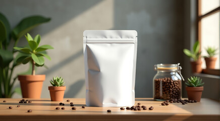White pouch coffee bag mockup on wooden table with coffee beans and plants. Sunlight through window. Minimalist style.