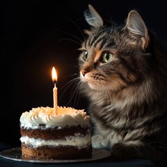 Cat's birthday celebration with cake and candle.on greeting card or poster for special occasions in bakery concept.