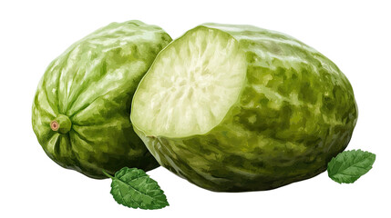 Invigorating Melon Duo: A vibrant image featuring two fresh, ripe melons, one artfully sliced to reveal its succulent, inviting interior, a few leaves are placed around it.