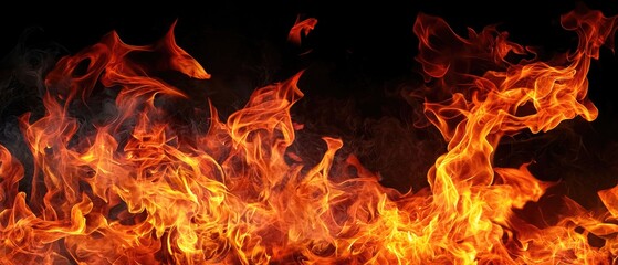Vibrant flames dance against a dark backdrop, showcasing the dynamic and intense nature of fire in various shades of orange and yellow.