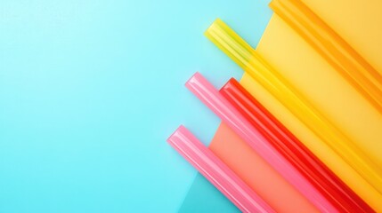 Colorful plastic drinking straws on Colorful background, flat lay with space for text.