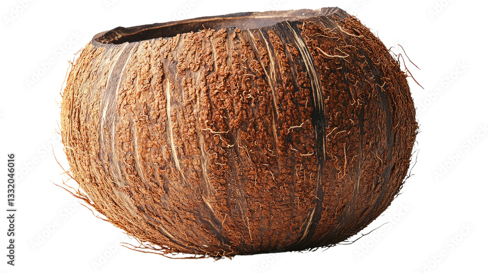 Poster coconut shell's textured elegance: a detailed study of a halved coconut shell, revealing the intrica
