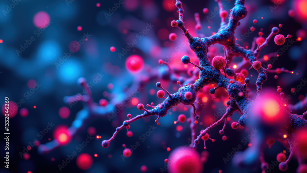 Aufkleber high-resolution microscopic image of a neuron with dendrites and synapses, illuminated by fluorescen
