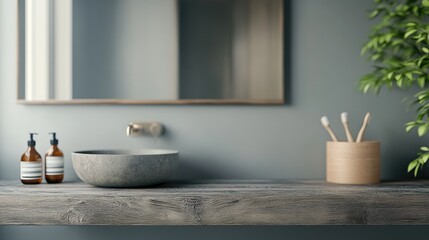 Fototapeta premium Design space on vacant gray wooden table in bathroom.