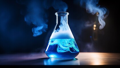 Dynamic laboratory scene featuring a flask with a vibrant, glowing reaction swirling inside, accompanied by gently rising smoke and shifting light patterns across the glass